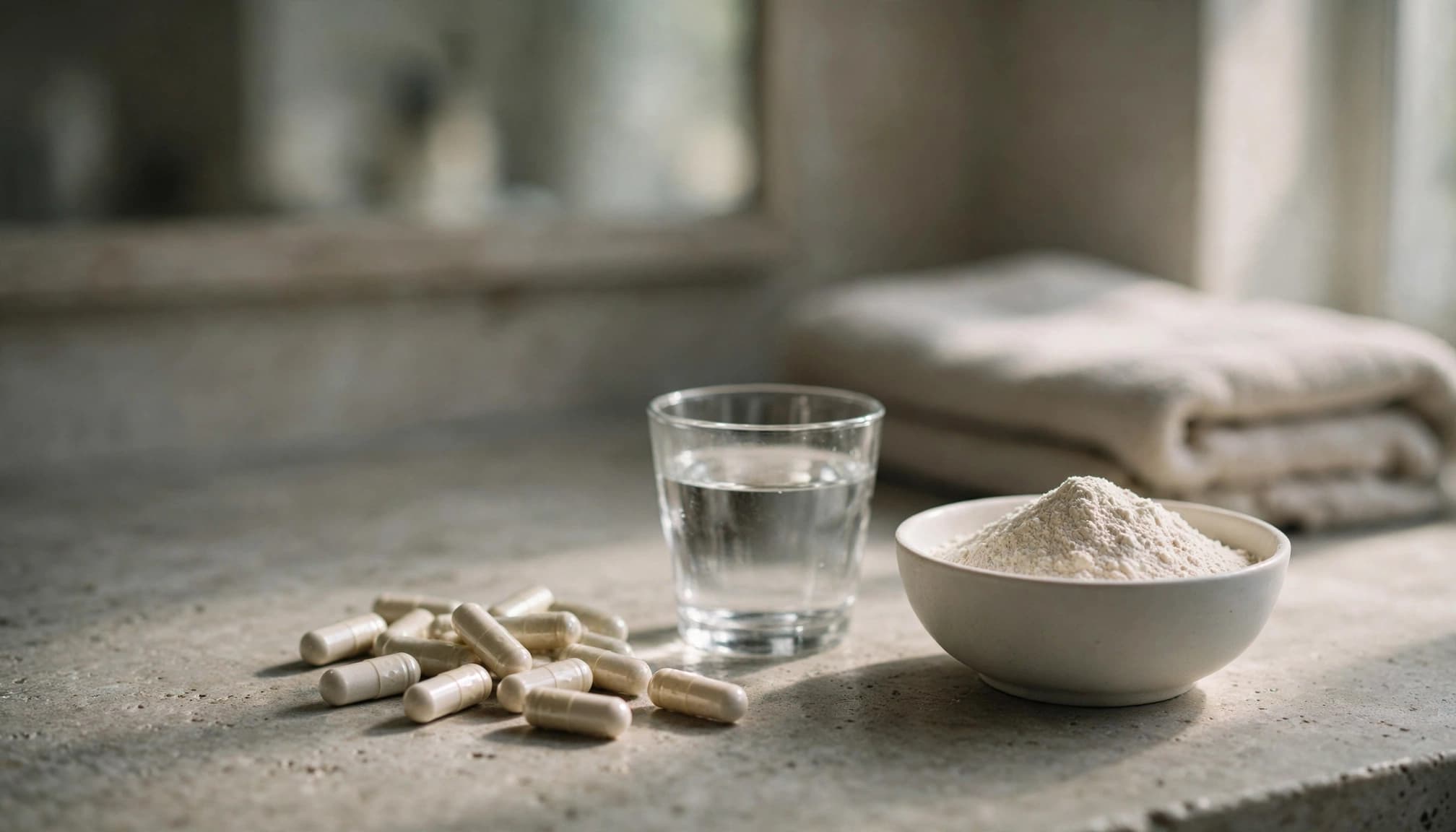 Collagen supplement capsules, a glass of water, and a bowl of powder on a stone counter.