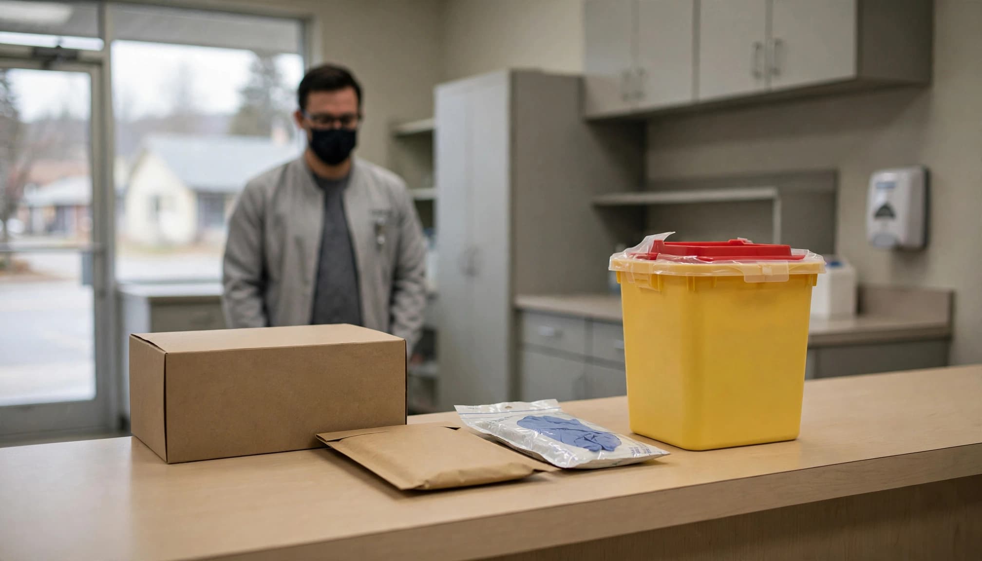 A sealed sharps container rests on a counter with one worker in the background.