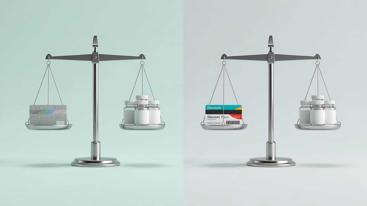 Two balanced scales sit side by side on a clean surface. Each scale holds a brown medicine bottle along with a different card, representing insurance and pharmacy discount savings programs.