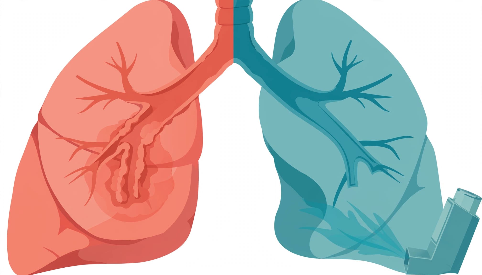 A medical illustration showing a narrow inflamed lung airway in coral and a relaxed widened airway in teal.