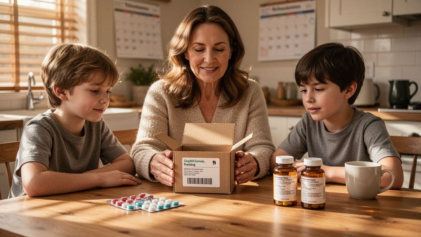 A cozy family kitchen scene in morning light with a mother in her 40s and two kids aged 8 and 12 unpacking a small plain cardboard package from an online pharmacy on the wooden table. Pills in a blister pack and prescription bottles sit nearby with labels blurred, sunlight streams through window blinds creating warm shadows.