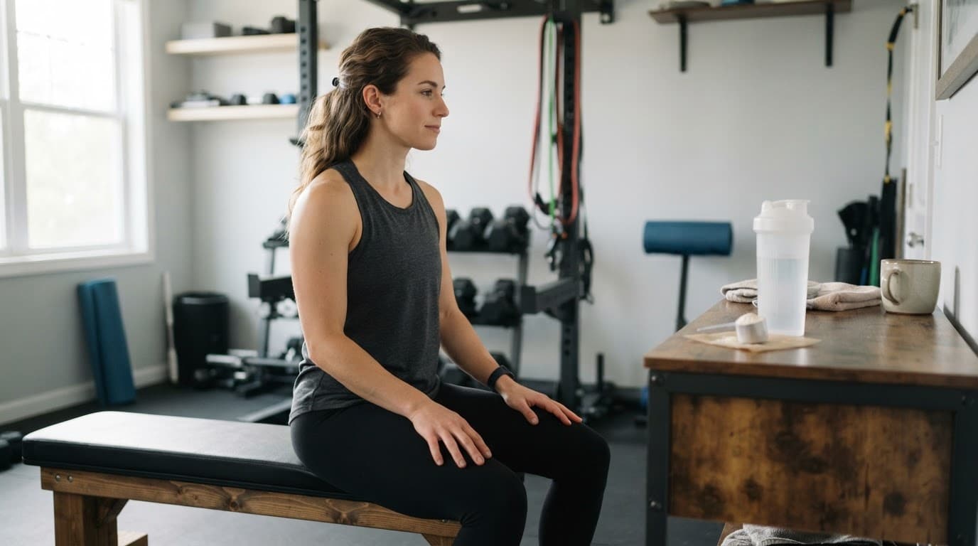 An athlete sits beside a bench near a shaker bottle and creatine powder.