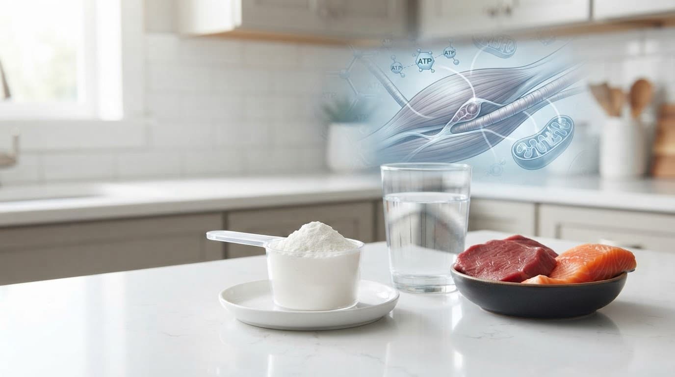 Creatine powder, water, meat, and fish arranged on a bright kitchen counter.