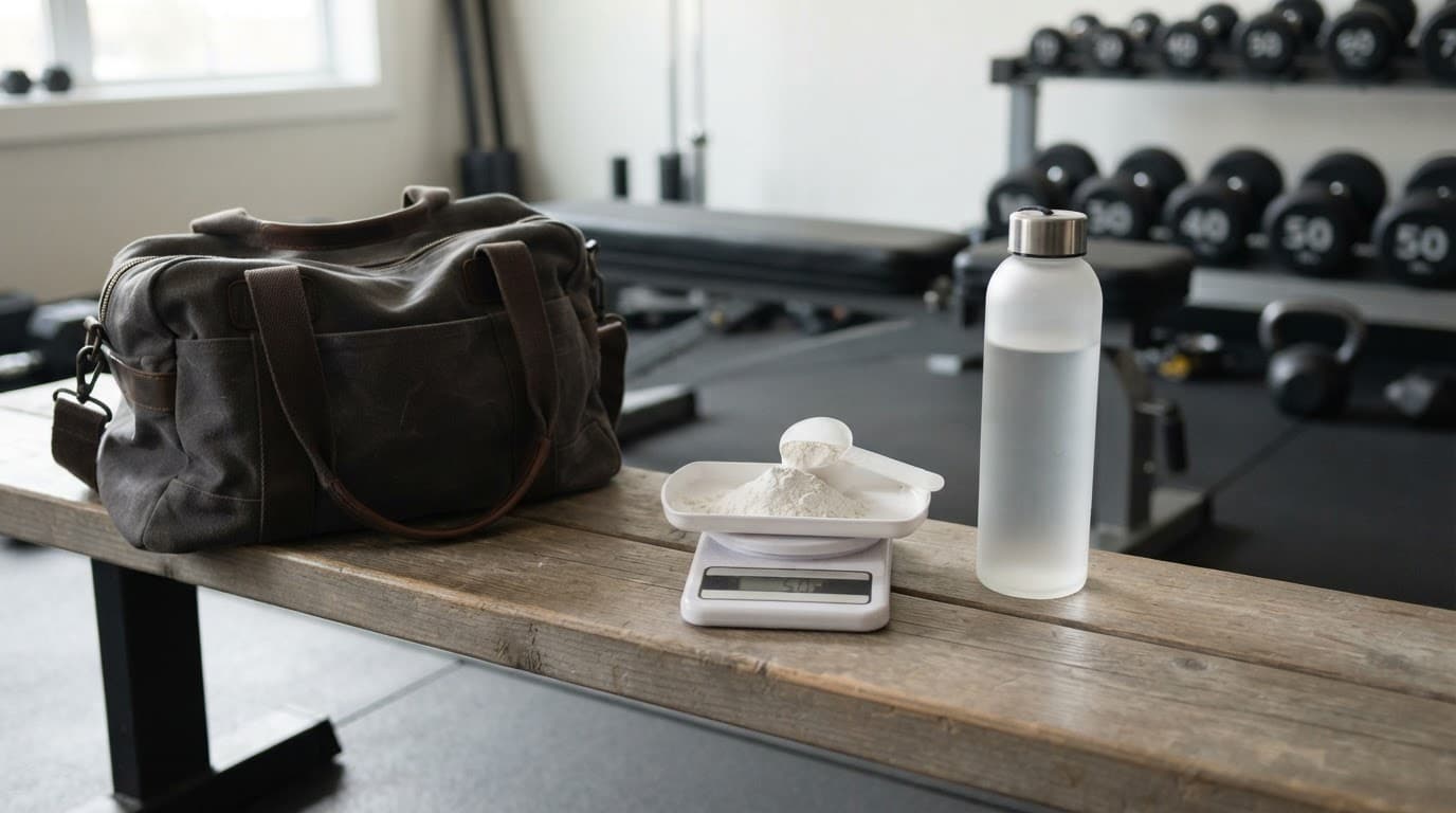 A measured scoop, water bottle, gym bag, and scale in a tidy training studio.