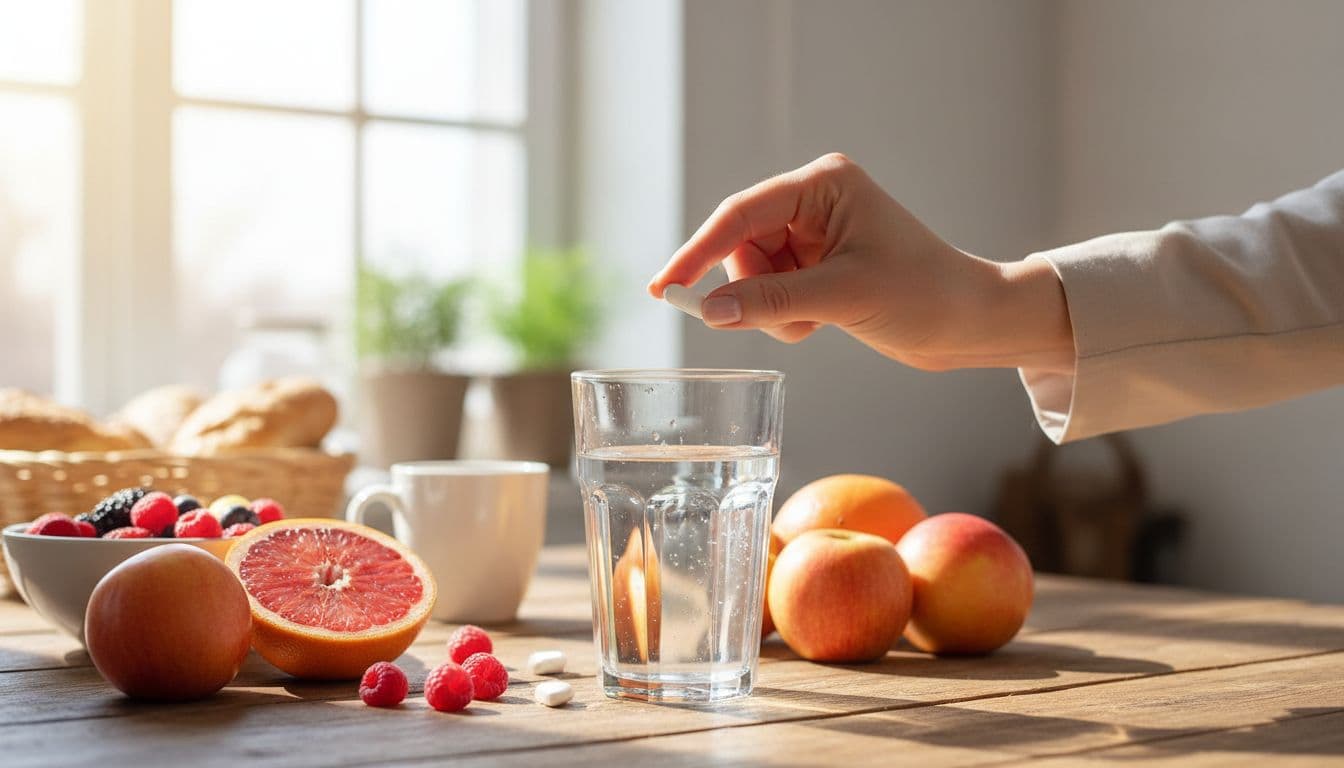 Bright morning kitchen scene with a hand holding a supplement capsule near a glass of water on a wooden table surrounded by fresh fruits, sunlight streaming in, photorealistic high detail.