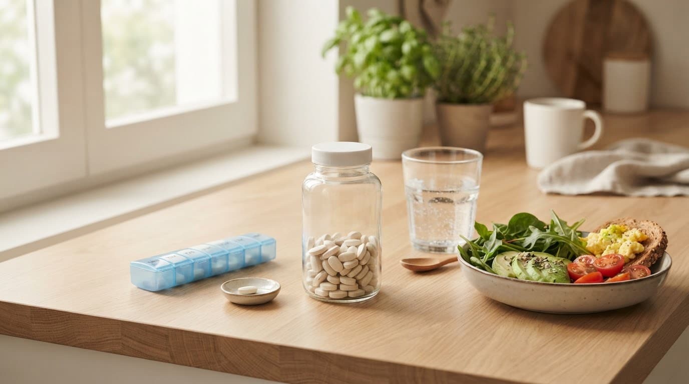 A multivitamin bottle beside water, a healthy meal, greens, and a pill organizer.