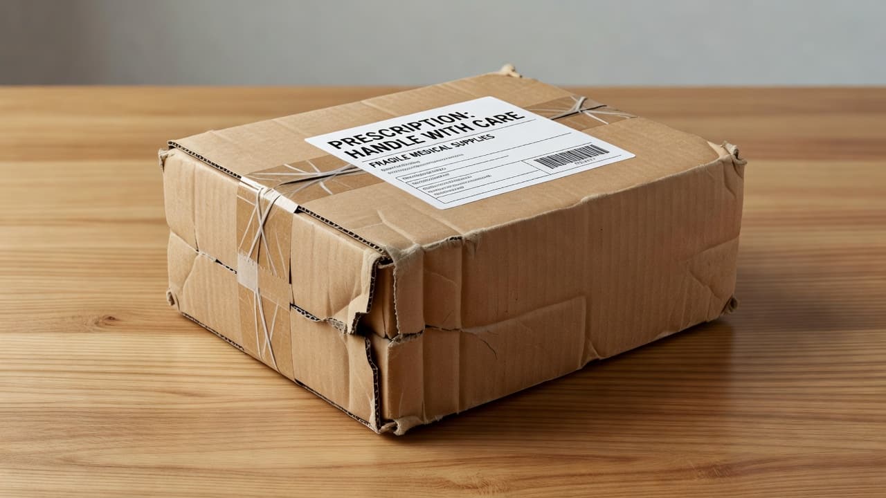A brown shipping box sits on a polished wooden table with one corner visibly crushed and packing tape peeling away. The clinical lighting highlights the textures of the distressed, sturdy packaging.