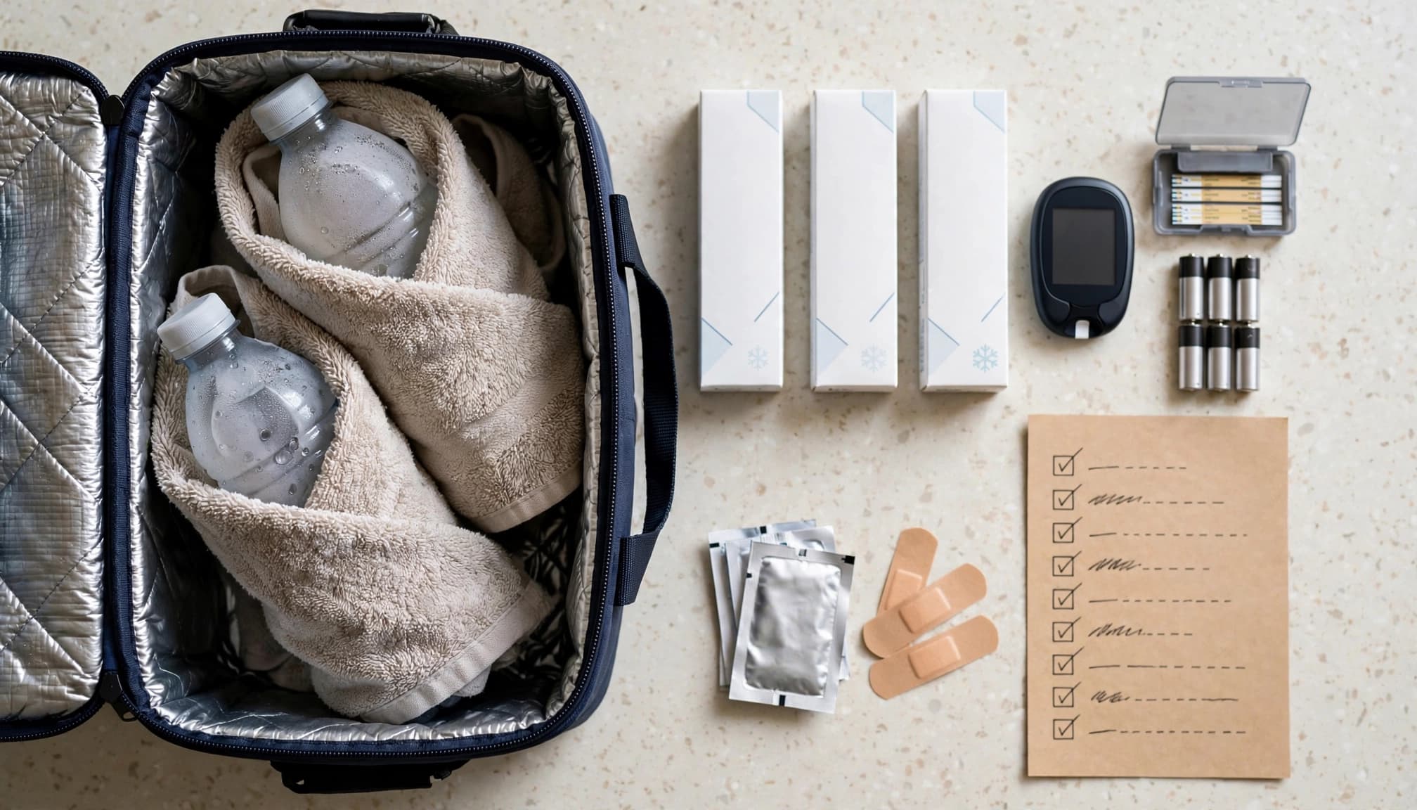 Diabetes emergency supplies arranged on a kitchen counter beside an insulated cooler.