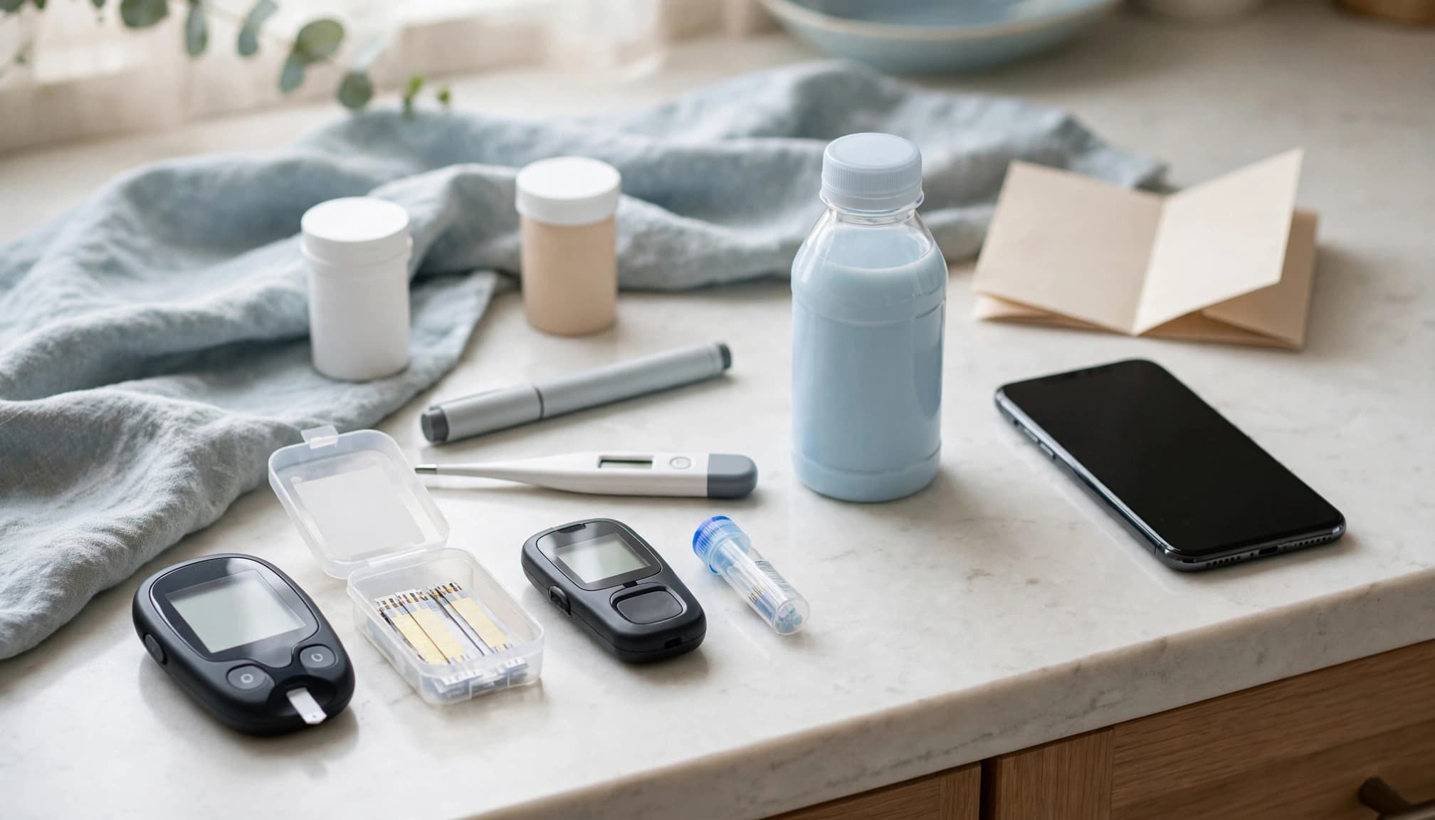 Diabetes sick-day supplies arranged on a bright kitchen counter.