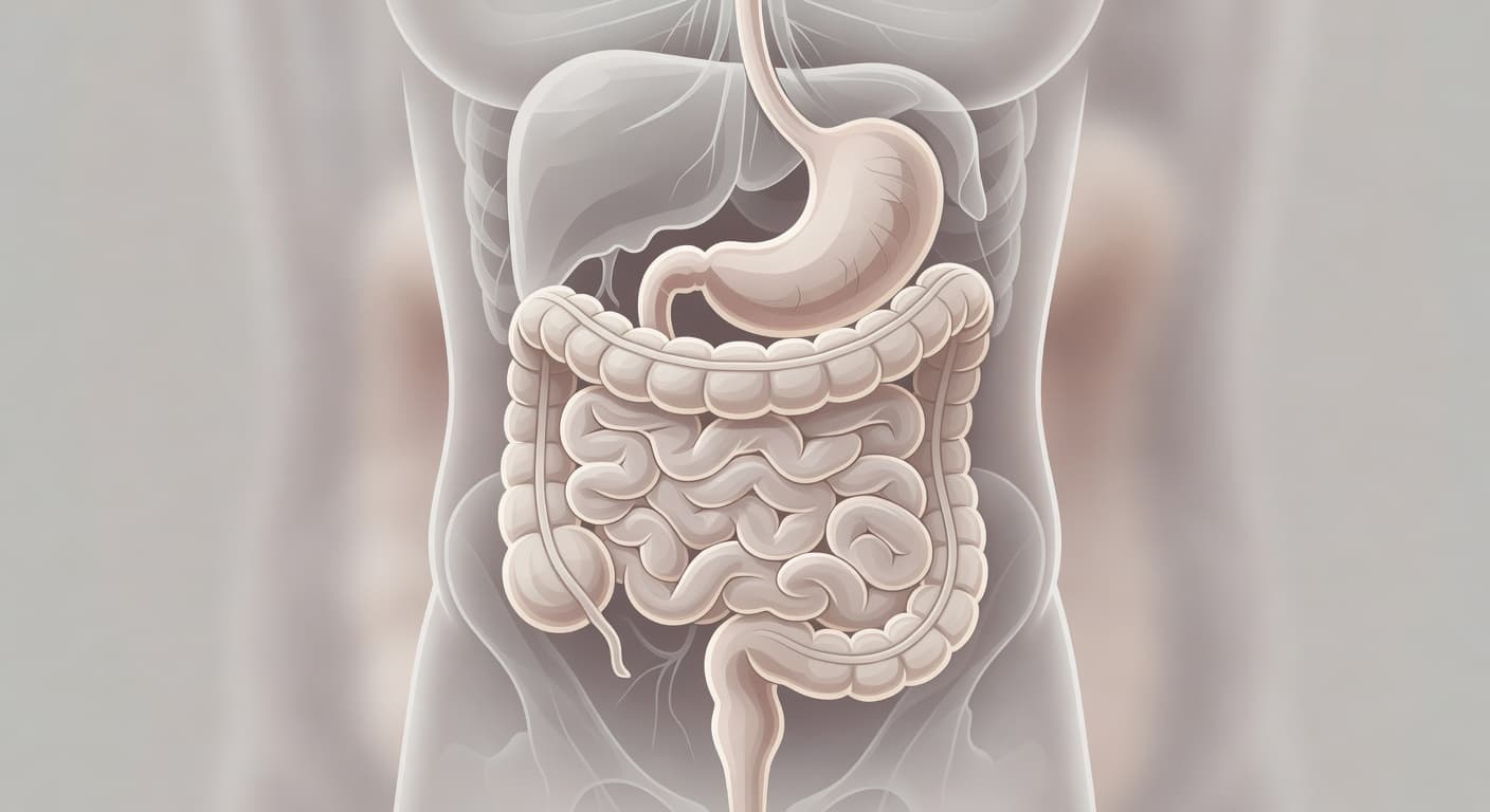 A simplified, neutral-toned diagram of the human digestive tract rendered with soft lighting. This clean medical illustration highlights the major organs involved in processing nutrients to convey a sense of comfort.