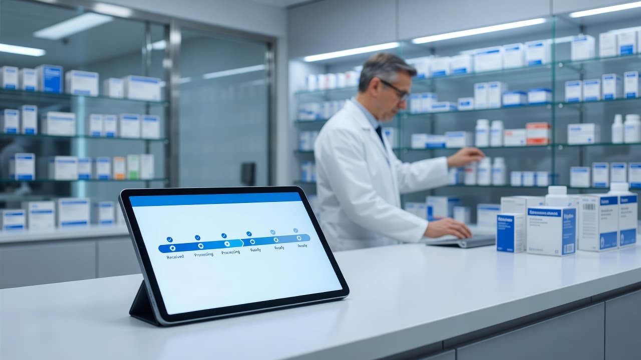 A digital tablet showing a prescription progress bar sits in the foreground of a sterile pharmacy. A professional pharmacist wearing a clean white coat assists customers in the blurred background area.