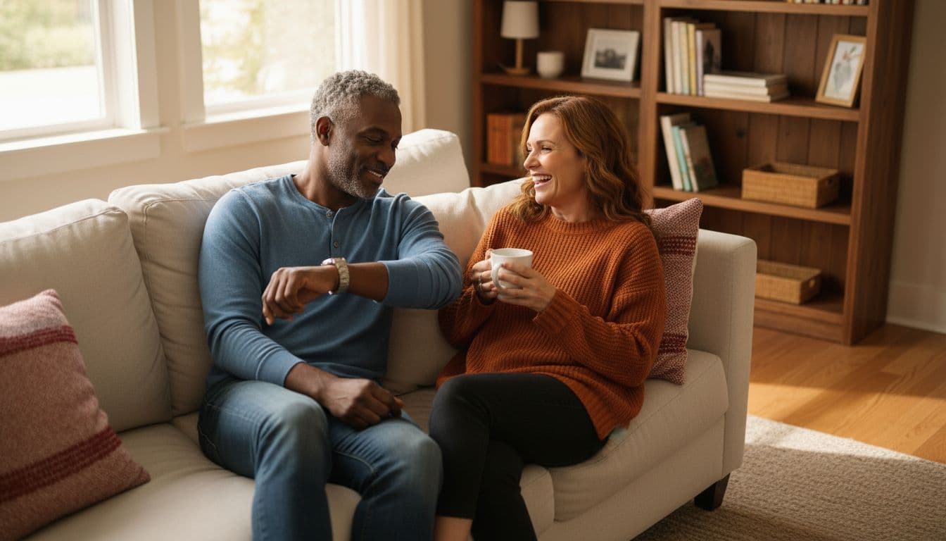 A diverse couple in their 40s relaxes on a couch in a cozy daytime living room, man casually checking his watch while chatting and smiling with woman holding coffee mug, warm natural light and subtle red accents.