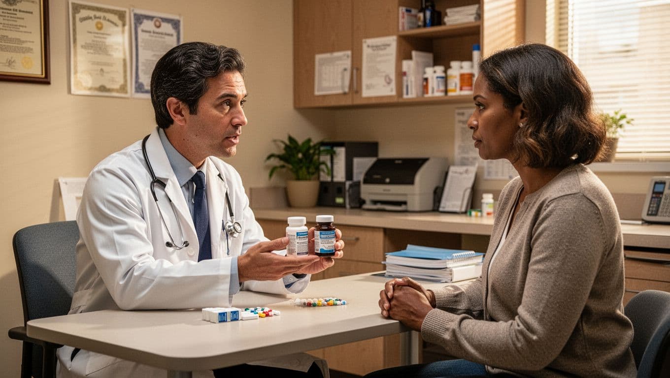 A doctor in a white coat discusses medication options with a patient in a clinic office, displaying pill bottles under warm lighting. Realistic style focusing on their conversation, no text, screens, or devices.