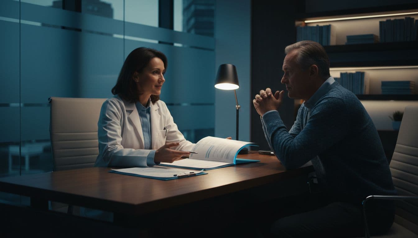 Doctor and patient seated across desk with charts in clinic office.