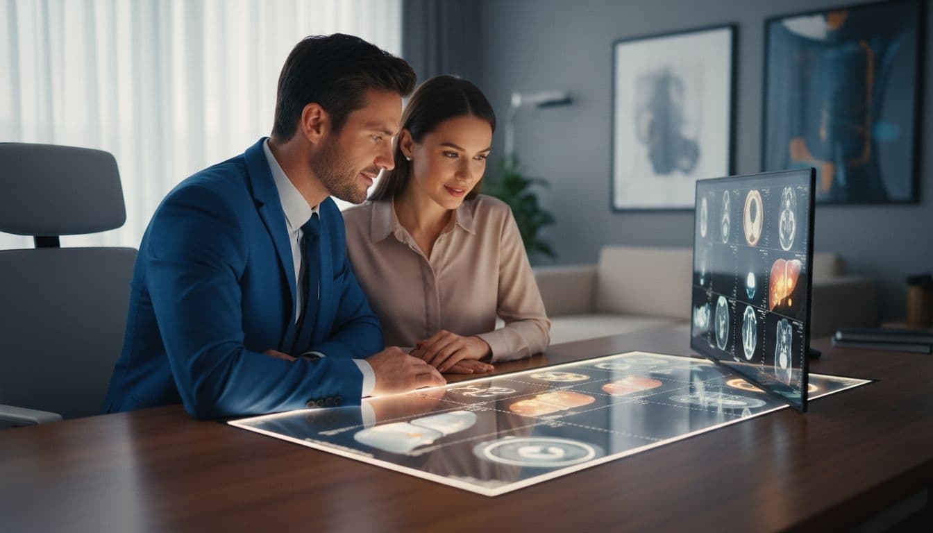A doctor and patient seated at a desk in a modern clinic office, reviewing liver scan images together in a focused discussion with hopeful expressions and warm lighting.