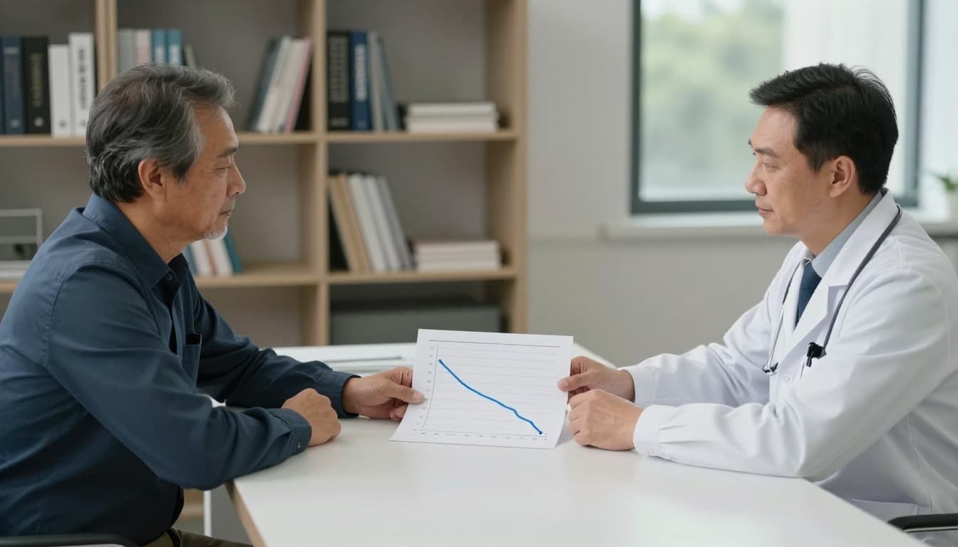 Realistic photo of a middle-aged male patient and male doctor in white coat seated across a desk in an office, both examining a simple printout of a decreasing blue line graph. Professional calm atmosphere with natural lighting, bookshelves, and window in background, hands relaxed on table.