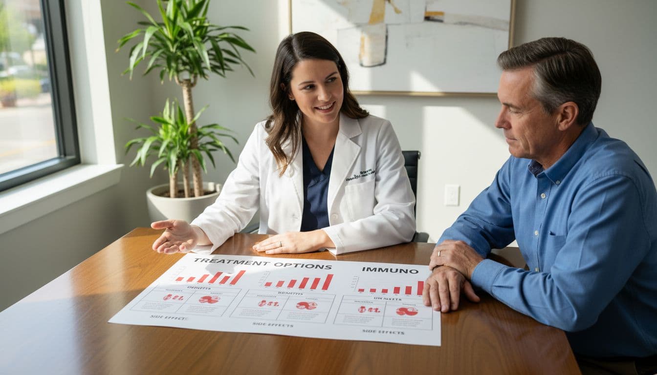 In a modern clinic office with natural daylight, a doctor points to charts comparing benefits and side effects of chemotherapy, targeted therapy, and immunotherapy during a consultation with one patient, relaxed hands on table.