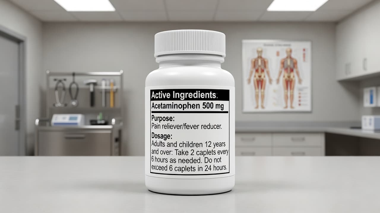 A close-up view of an over-the-counter medication bottle featuring a prominent, readable Drug Facts panel. The label highlights specific active ingredients and dosage instructions under soft lighting in a clinical environment.