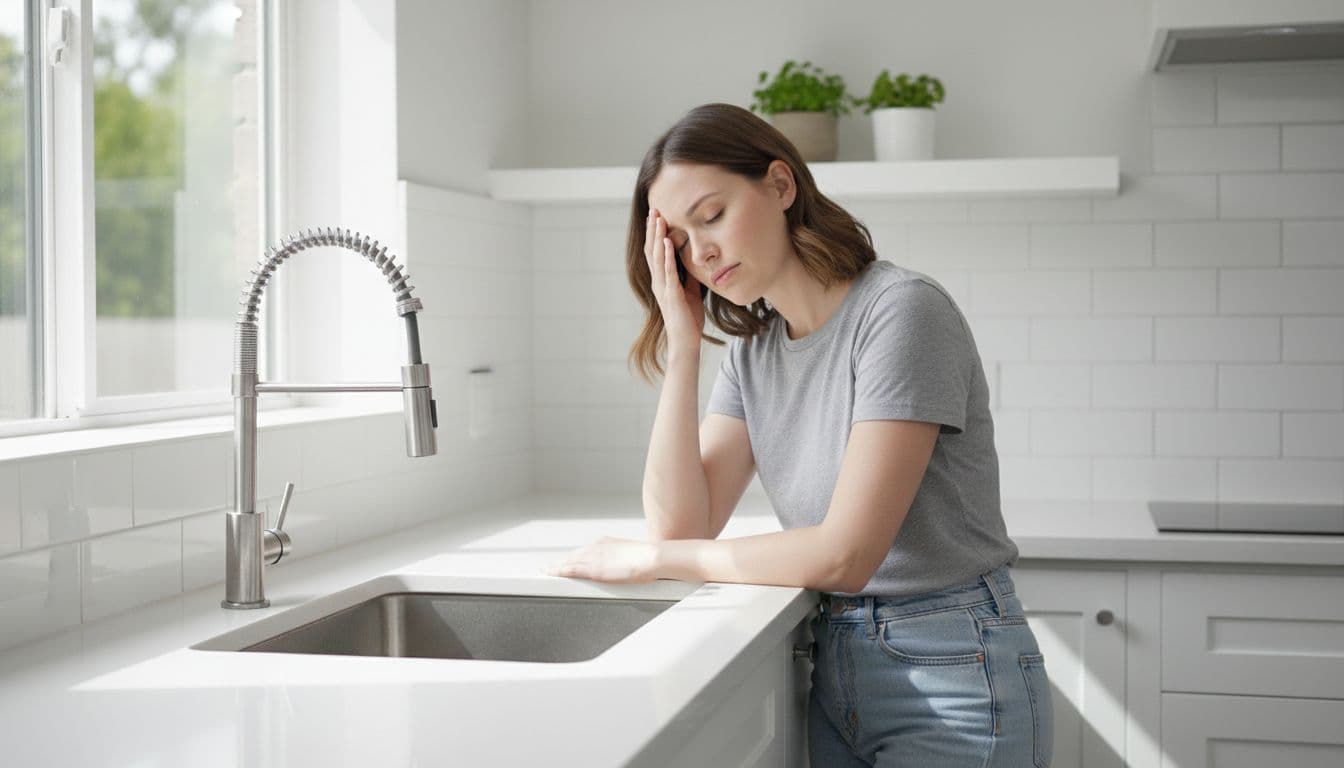A single woman in early pregnancy stands in a clean modern kitchen, leaning slightly over the sink with hand on forehead, showing mild nausea expression under natural daylight in realistic style.