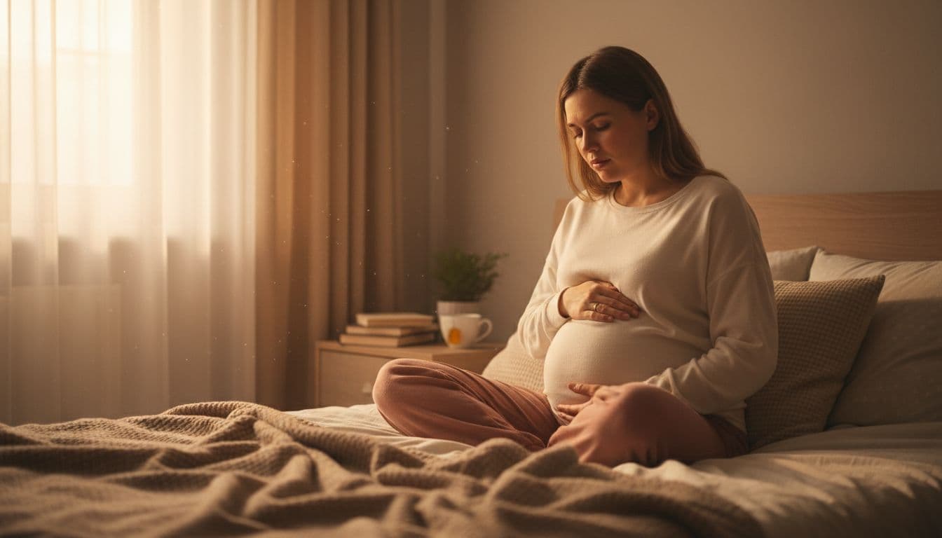 A woman in early pregnancy sits calmly on her bed in a softly lit bedroom, gently holding her lower abdomen while experiencing mild cramps and fatigue.