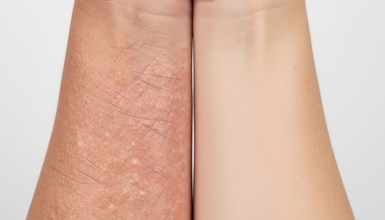 Split view close-up of human forearm skin: left half inflamed red scaly eczema patches with itch marks, right half smooth clear healed skin, subtle divide line.