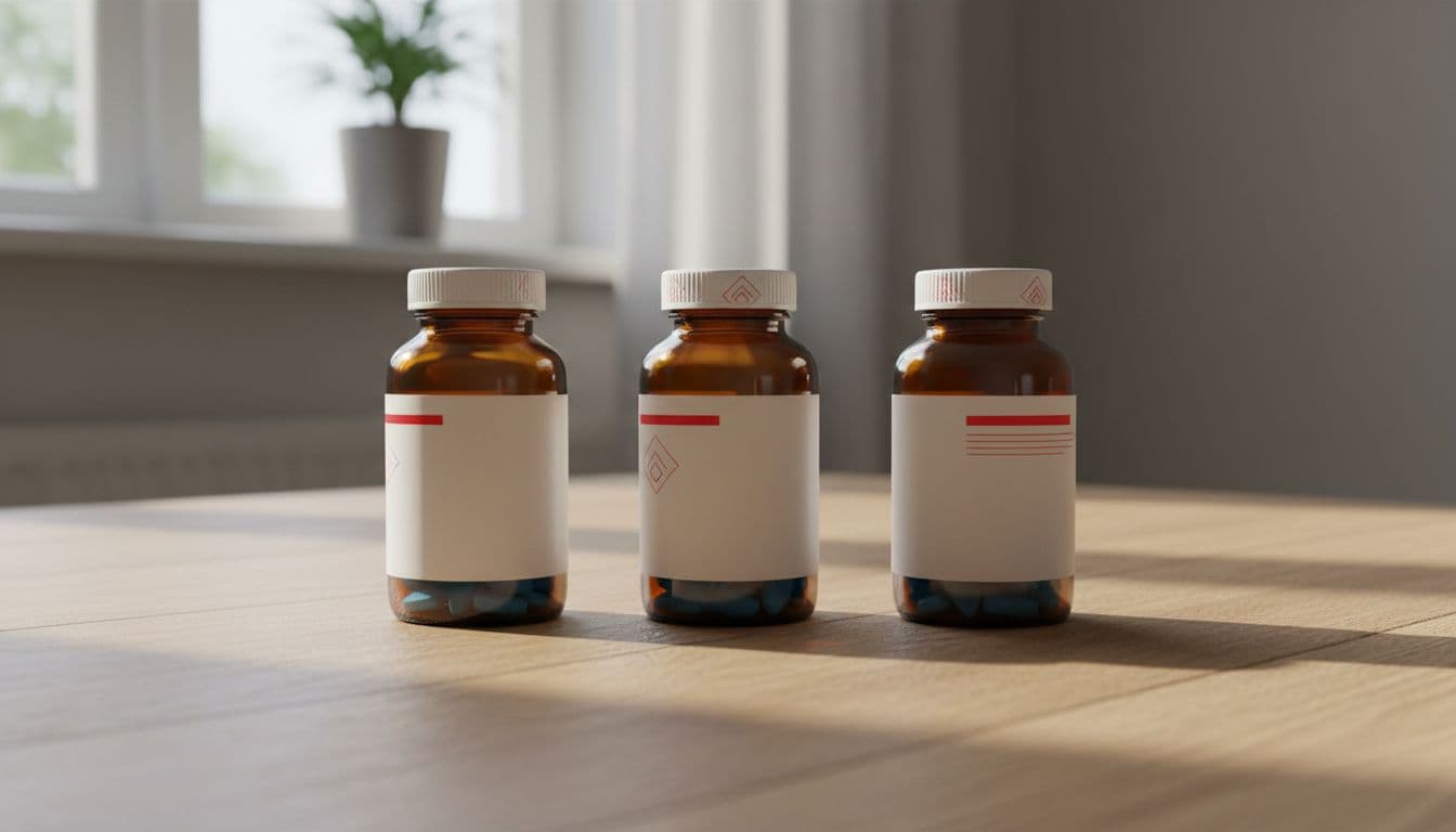 Close-up of three generic ED pill bottles for avanafil, tadalafil, and sildenafil on a wooden table in a home setting, differentiated by subtle red cap highlights under soft natural light.