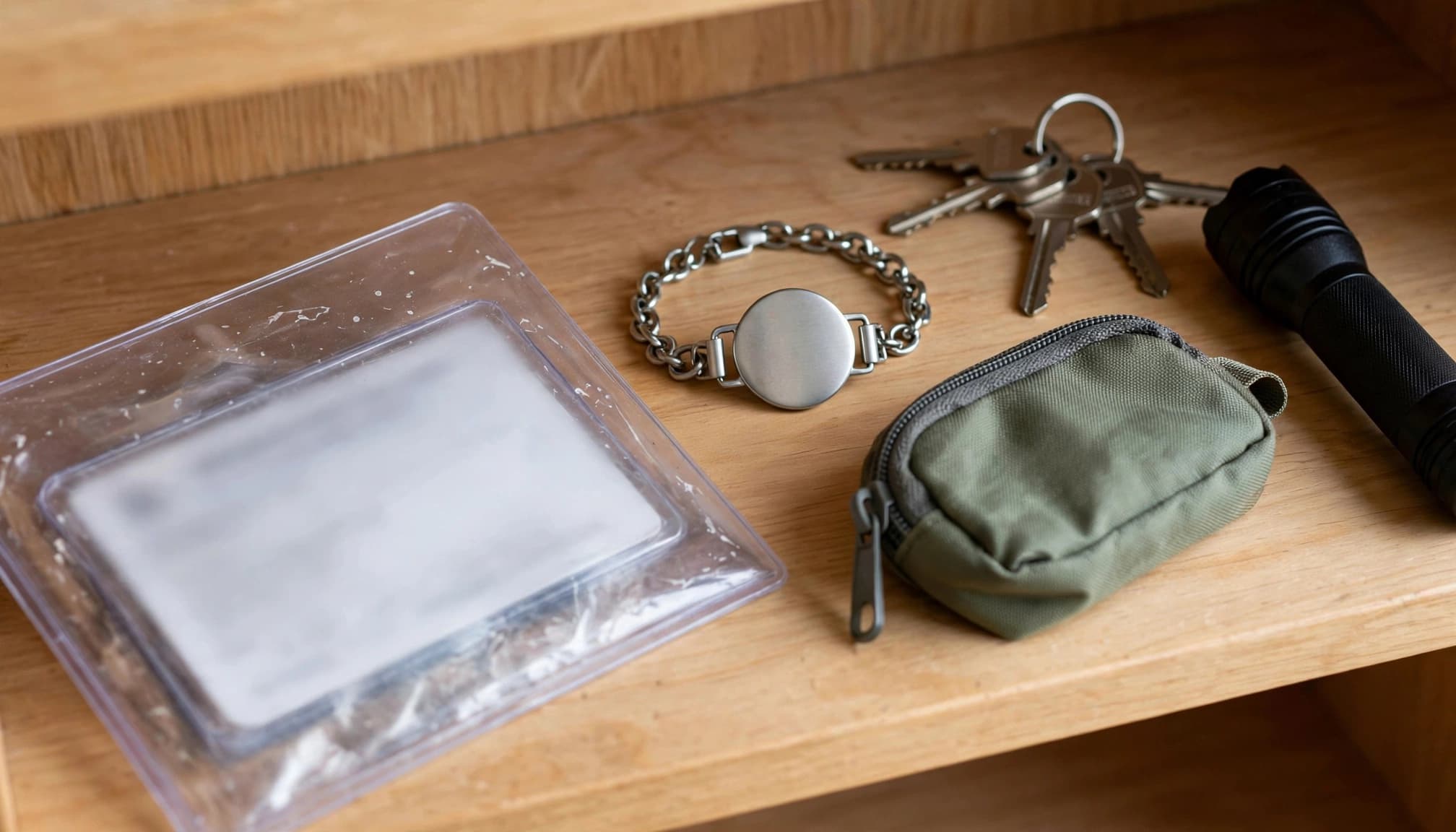 Emergency card, medical alert bracelet, and go-bag arranged on a shelf with keys and flashlight.