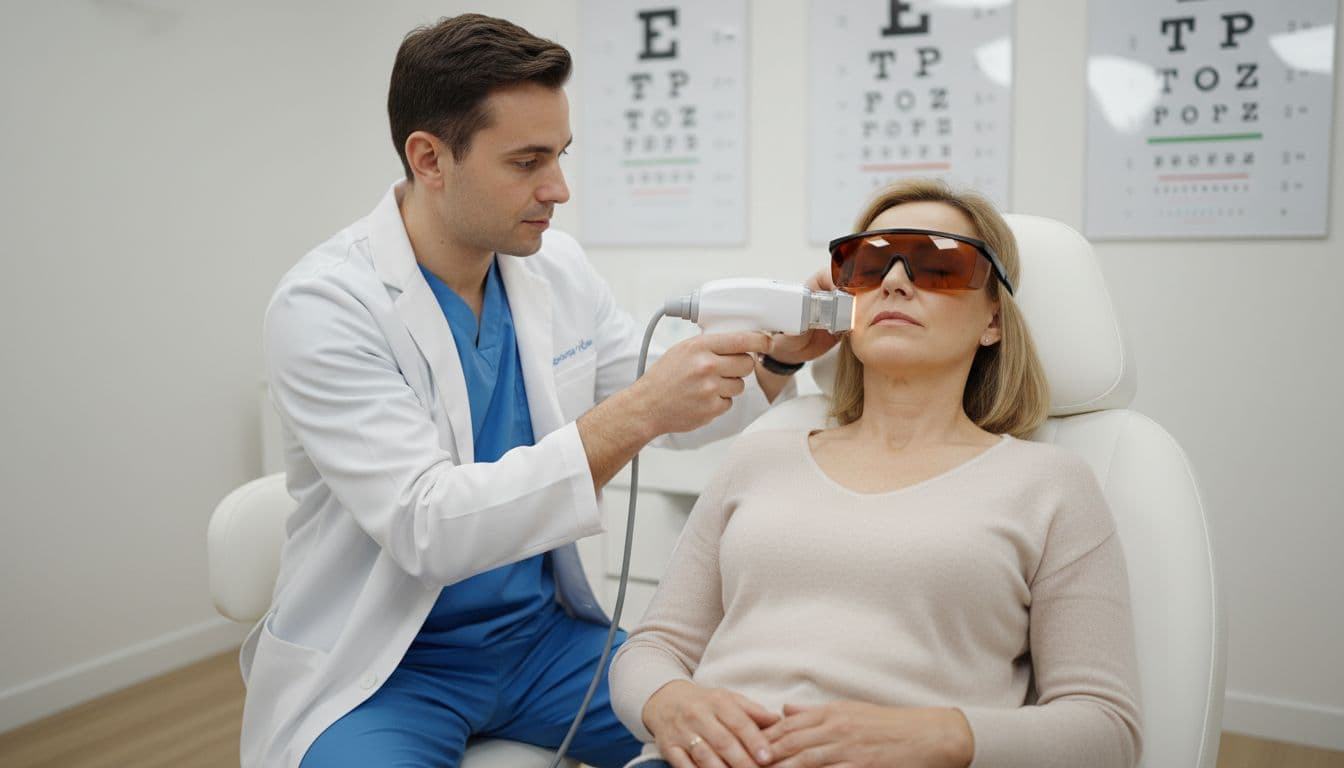 A clinician performs intense pulsed light (IPL) therapy on a middle-aged patient's closed eyelids in a modern eye clinic, with the patient reclined wearing protective eyewear.