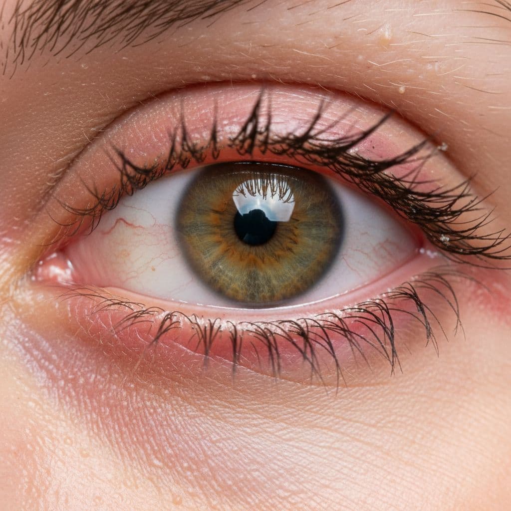 Realistic close-up of a human eye showing evaporative dry eye symptoms, including redness around eyelids, diminished tear film, and subtle corneal surface instability, in medical photography style with natural soft lighting.