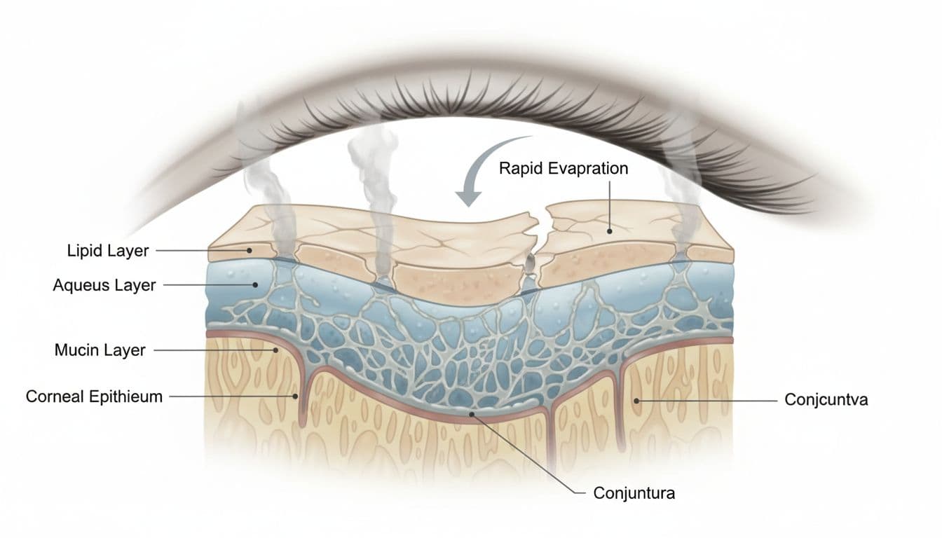 Medical illustration of a human tear film cross-section highlighting a thin unstable lipid layer causing rapid evaporation in evaporative dry eye disease, with detailed aqueous, mucin, and lipid layers.