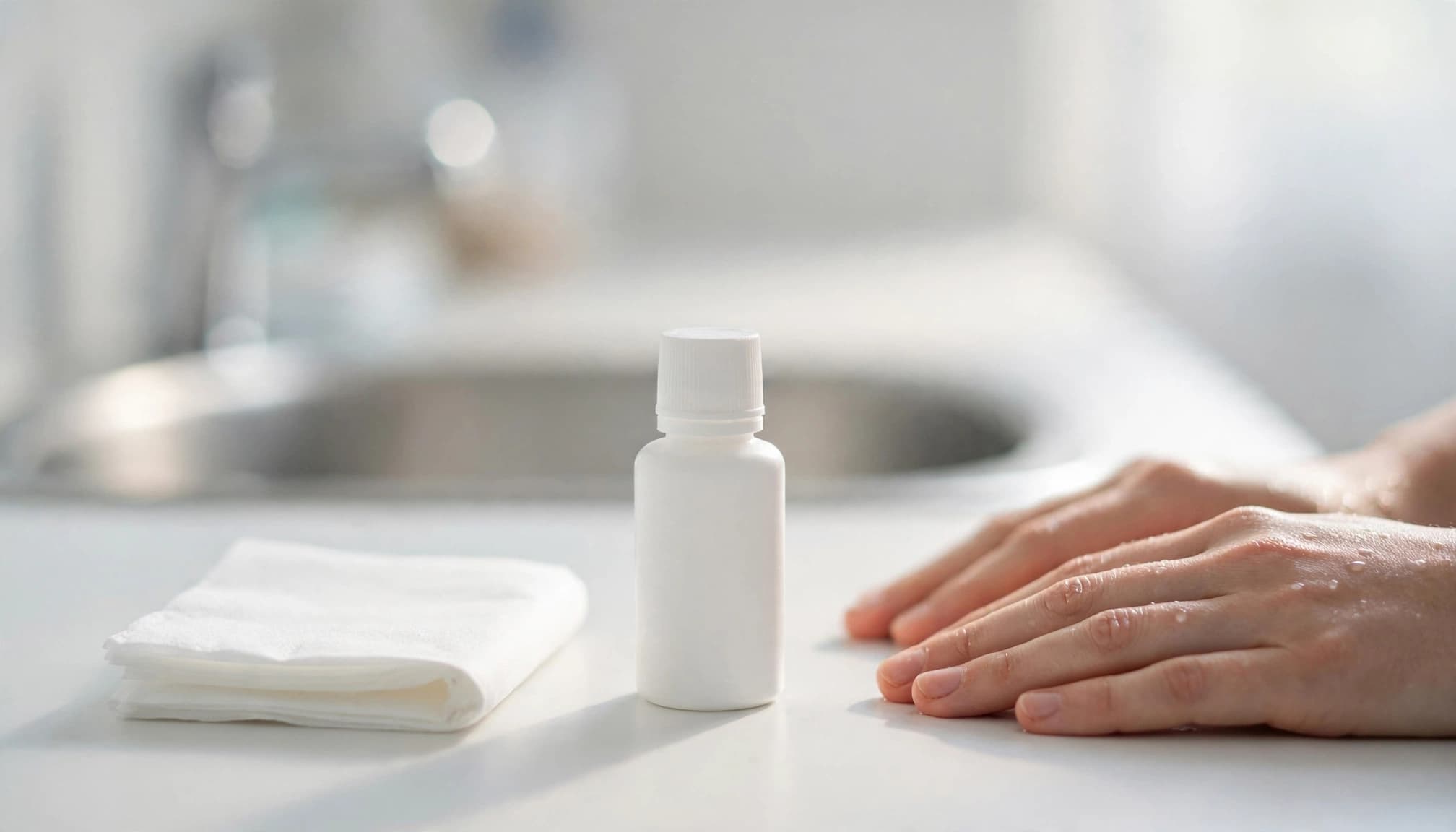 A capped eye-drop bottle sits near a tissue and clean hands on a bright counter.