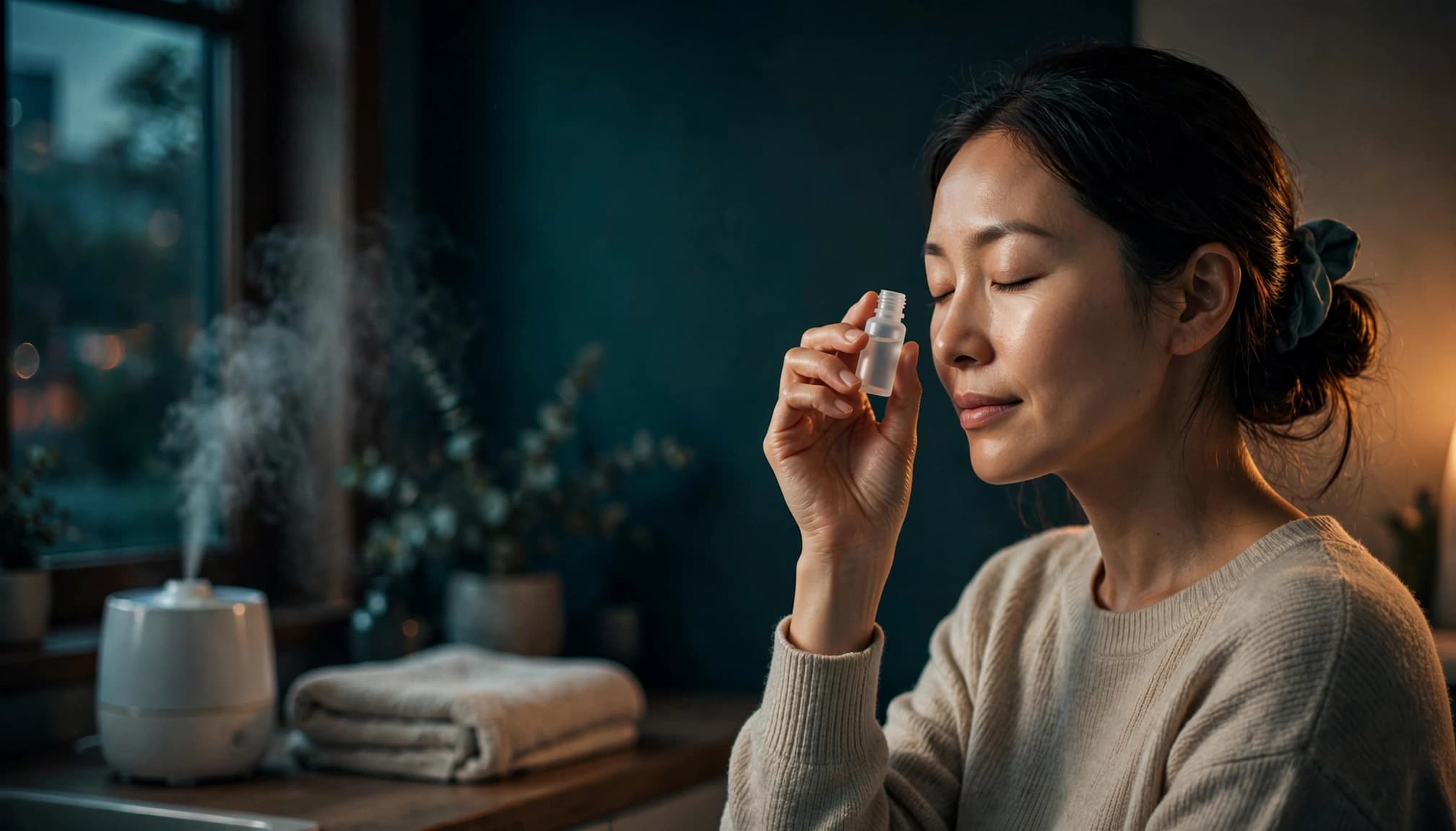 Adult holding eye drops near closed eyes in a softly lit home.