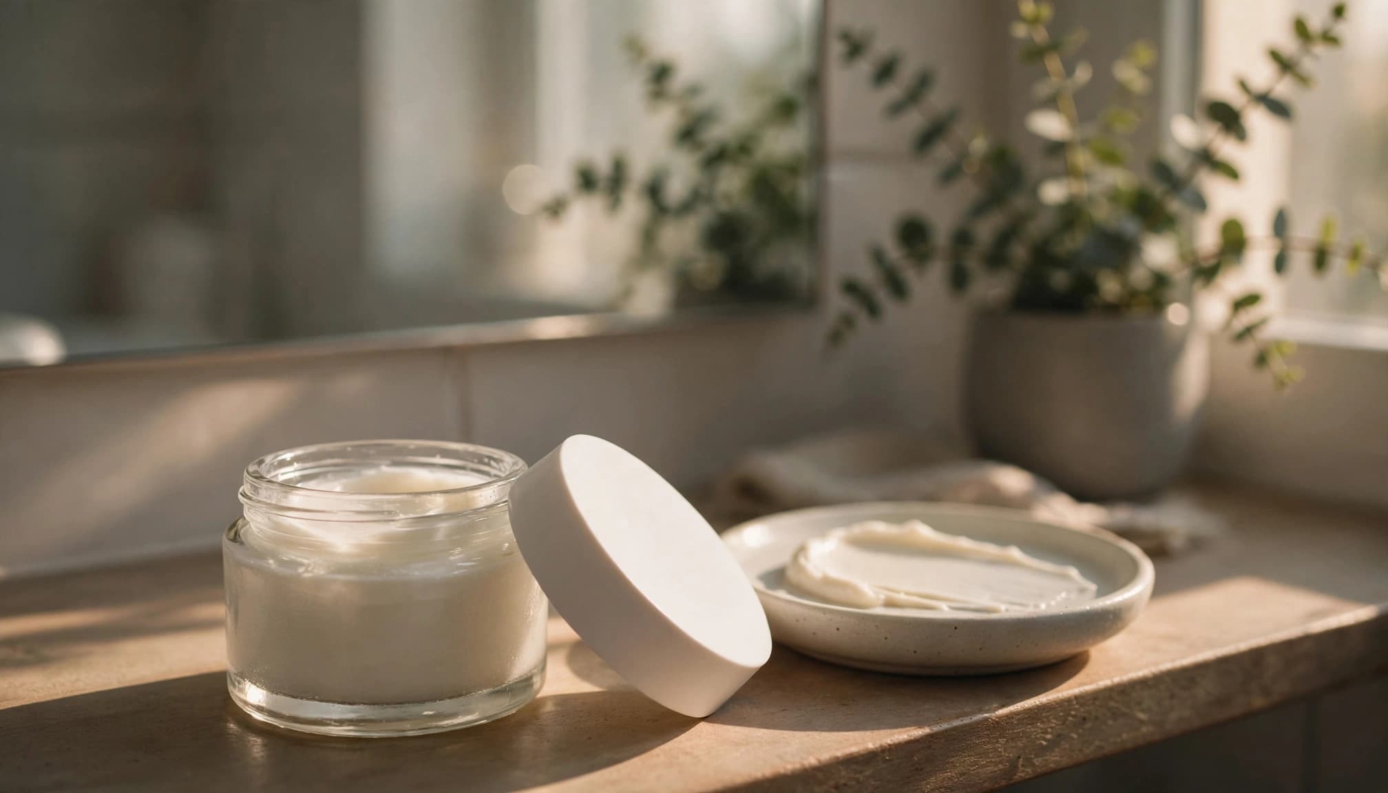 A glass jar of face cream with its lid off beside a cream swatch on a small dish.