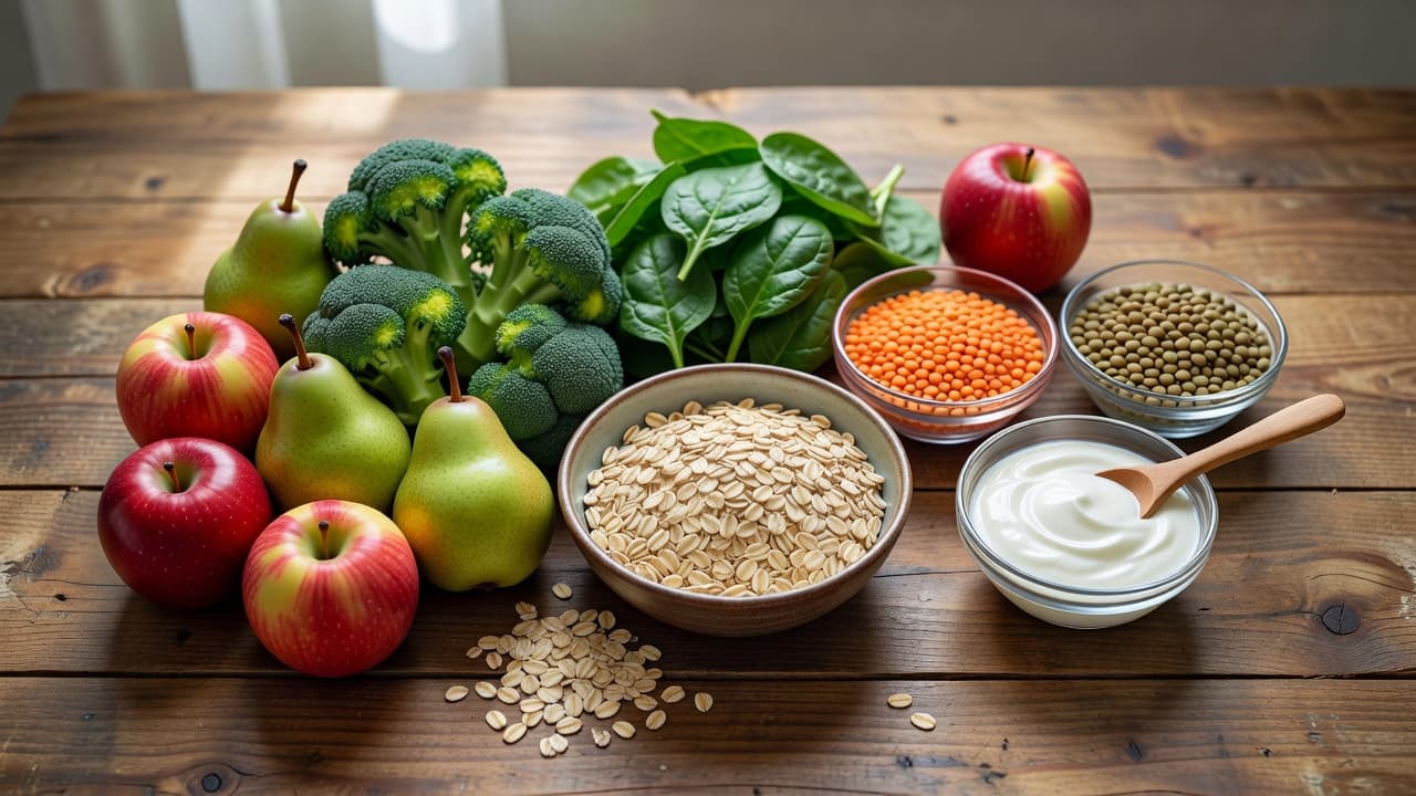 A top-down view of a wooden surface featuring colorful apples, pears, broccoli, spinach, raw oats, lentils, and Greek yogurt. The arrangement is bathed in soft, natural morning light for clarity.
