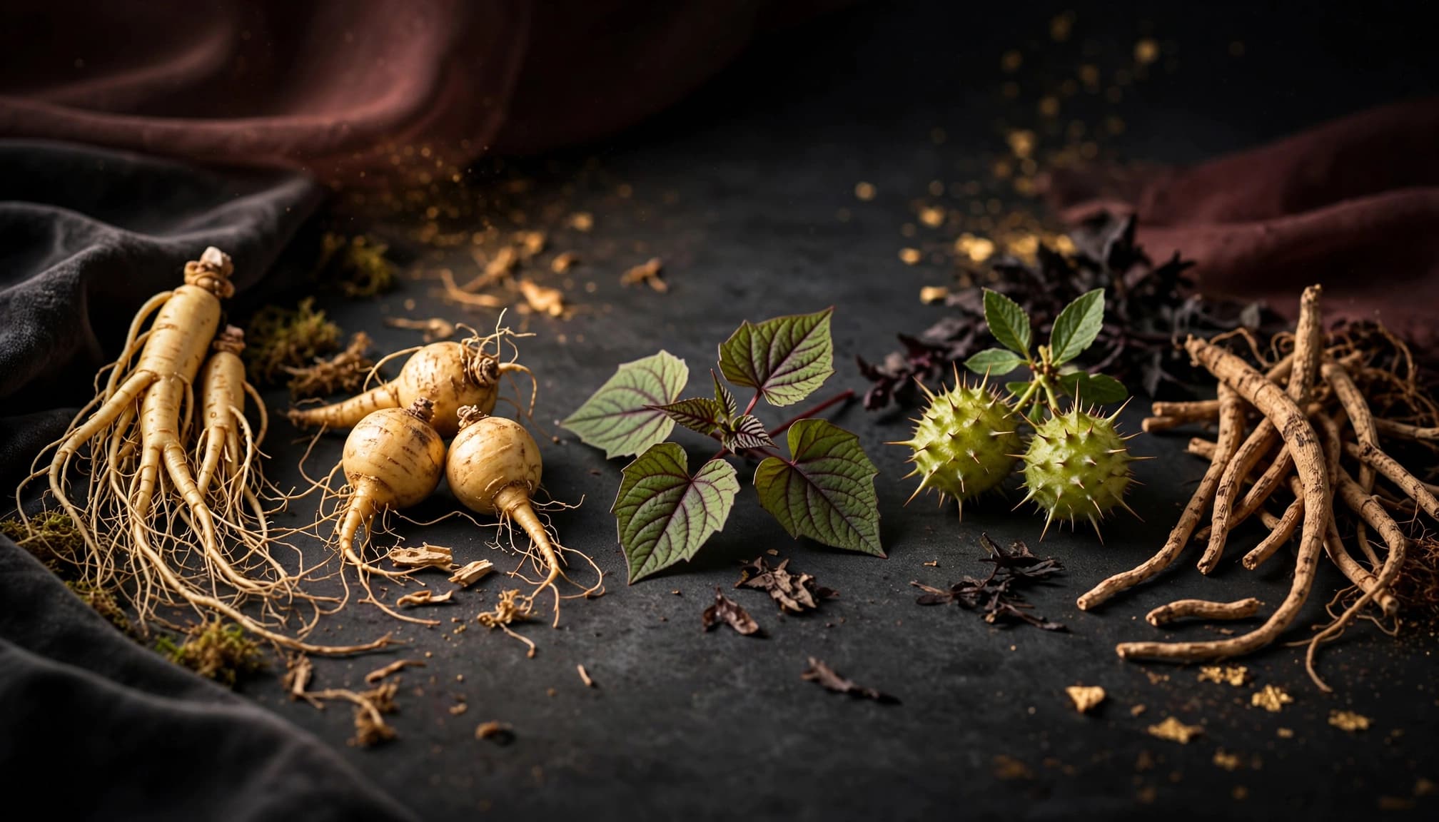 Five herbs arranged separately on a dark studio background.