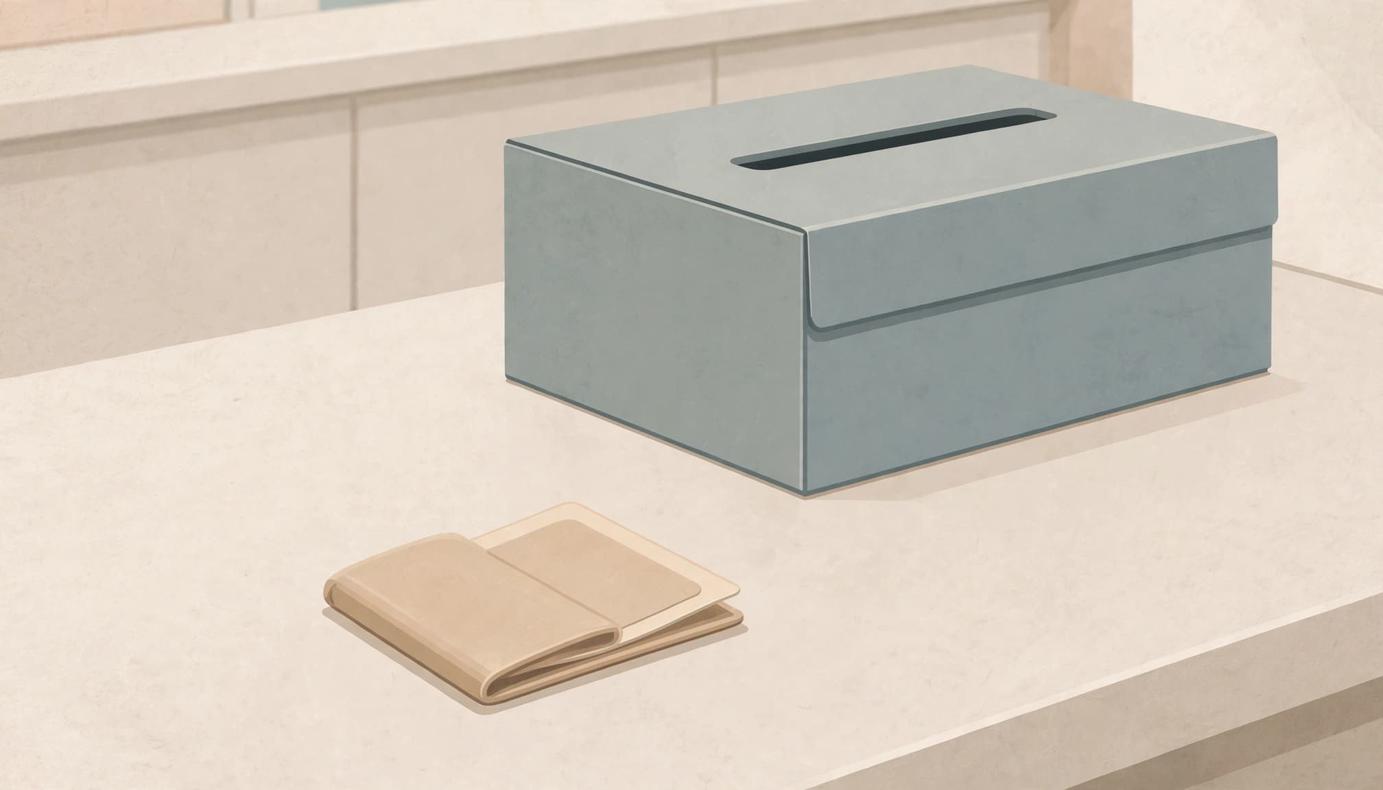 A folded transdermal patch sits beside a closed medication take-back box on a counter.