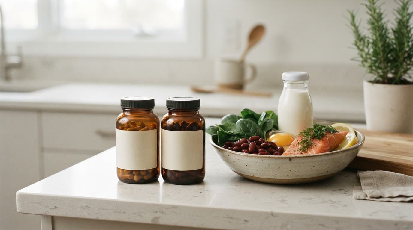 Two supplement containers beside a bowl and assorted nutrient-rich foods on a kitchen counter.