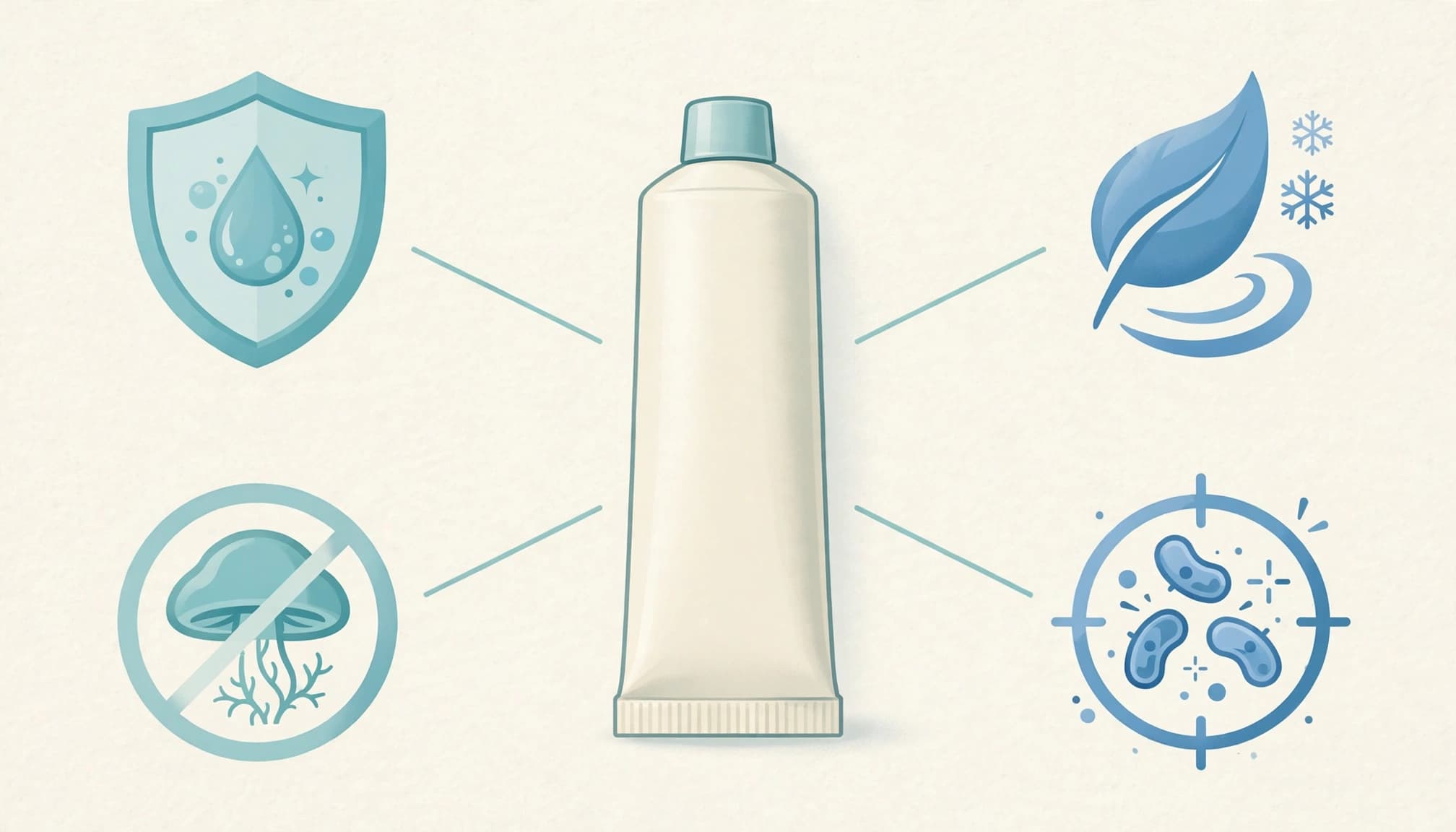 A conceptual medical illustration of a cream tube surrounded by four blue icons representing drug-class roles.