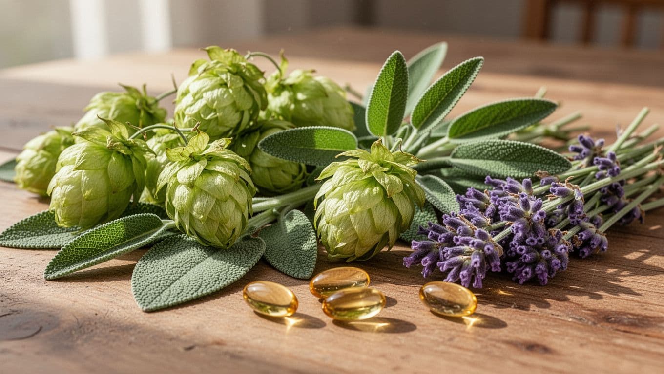 Close-up landscape of green hops cones, sage leaves, lavender flowers, and vitamin capsules on a wooden table, illuminated by soft morning light with vibrant colors and detailed textures.