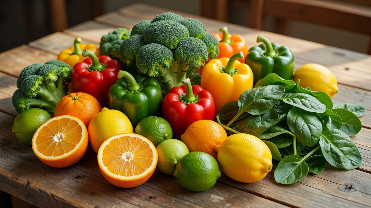An assortment of vibrant bell peppers, broccoli florets, fresh spinach, and citrus slices rests on a weathered wooden surface. Soft morning sunlight highlights the textures and rich colors of the produce.