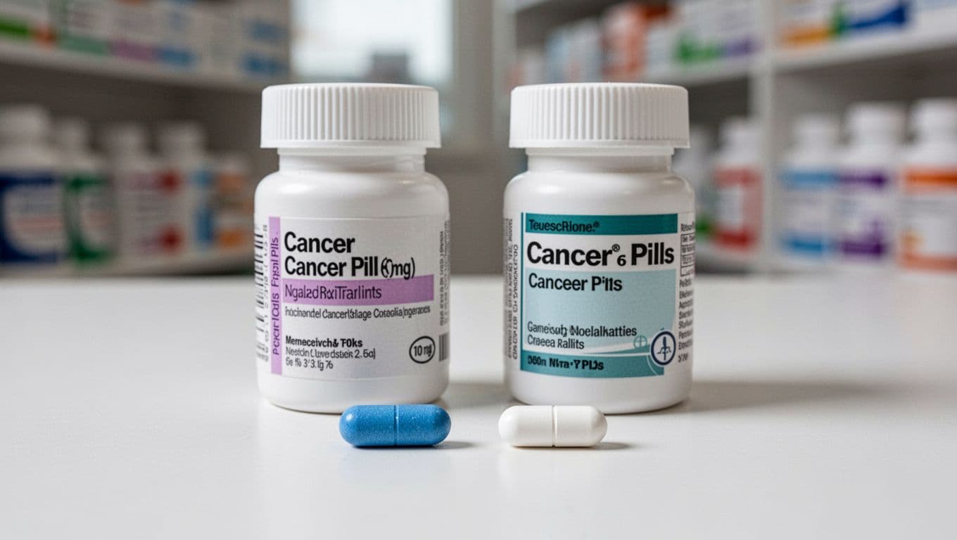 Close-up of a blue generic cancer pill and a white brand-name cancer pill side by side on a clean white surface in a pharmacy setting, with soft natural lighting and realistic photo style.