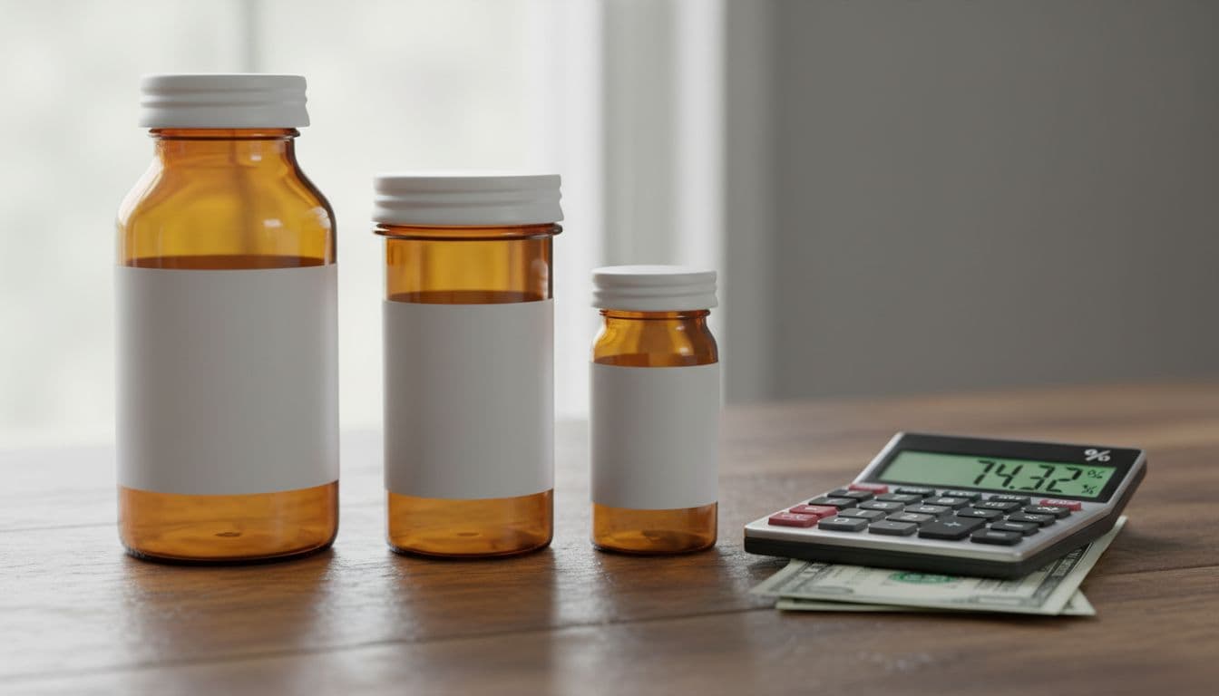 Three generic prescription pill bottles on wooden table next to calculator showing savings and dollar bill.