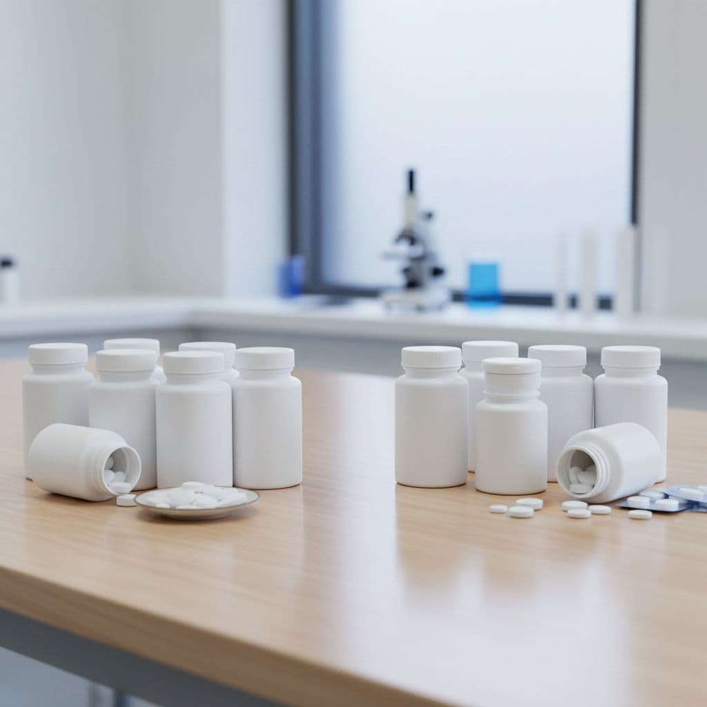 White medicine bottles and tablets arranged neatly on a wooden table in a clinical setting.