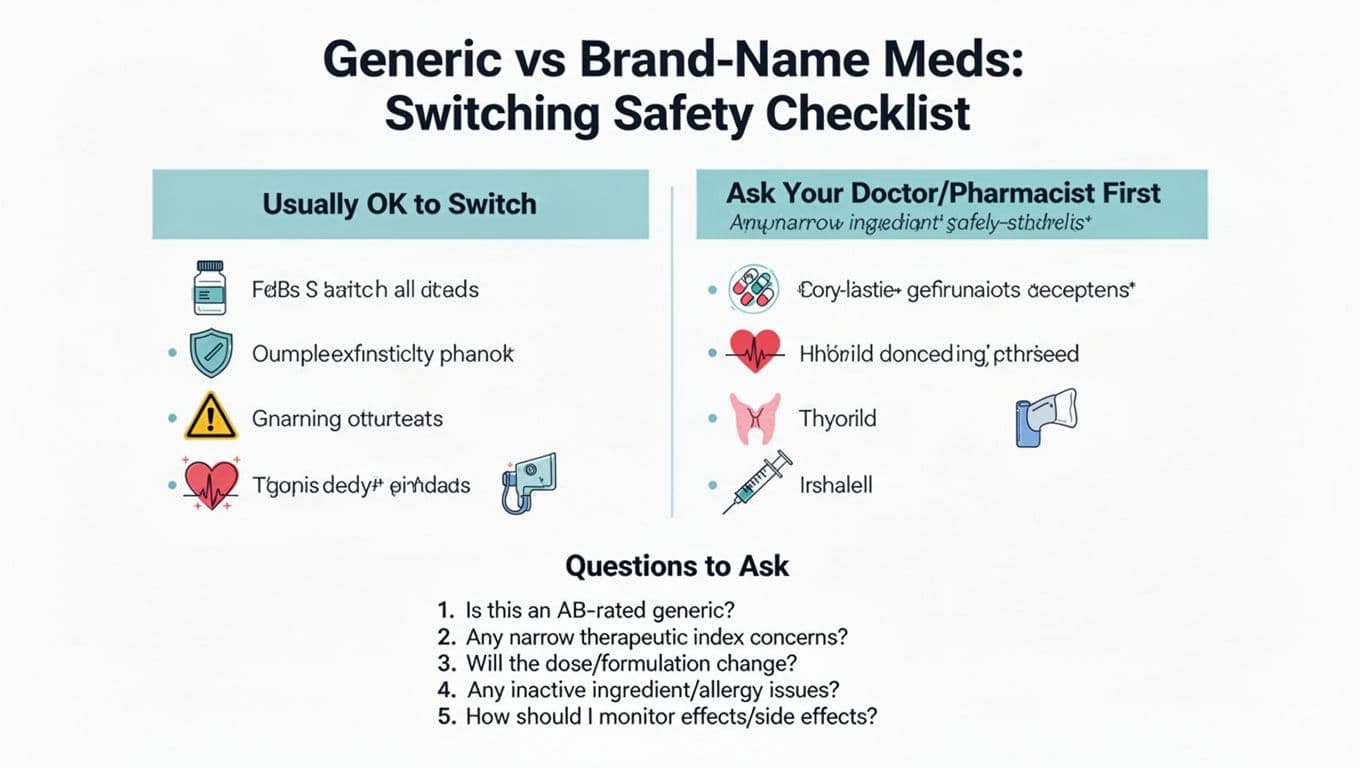 Clean clinic-style infographic comparing safe switching from brand-name to generic medications, with columns for 'Usually OK to Switch' and 'Ask Your Doctor First', bullet points with icons, and key questions to ask.