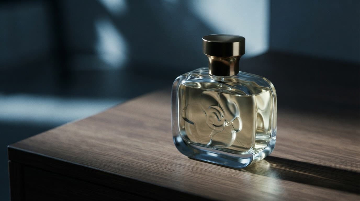 A glass perfume bottle sits on a wooden vanity in dramatic blue lighting.