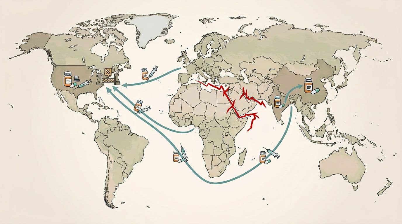 Illustrative map depicting pharmaceutical supply flows from India and China to the US, highlighting red disruption lines over Middle East shipping routes and tariff icons near Washington.