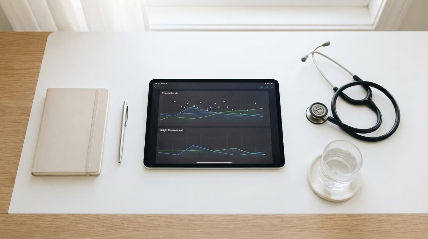 Tablet with a health graph beside a stethoscope and glass of water.