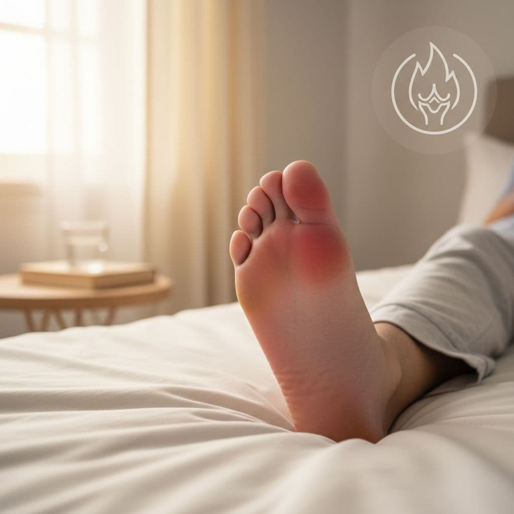A close-up view of a human foot resting on soft bedding, highlighting a red and inflamed big toe. Gentle morning light illuminates the skin texture and noticeable swelling caused by gout.