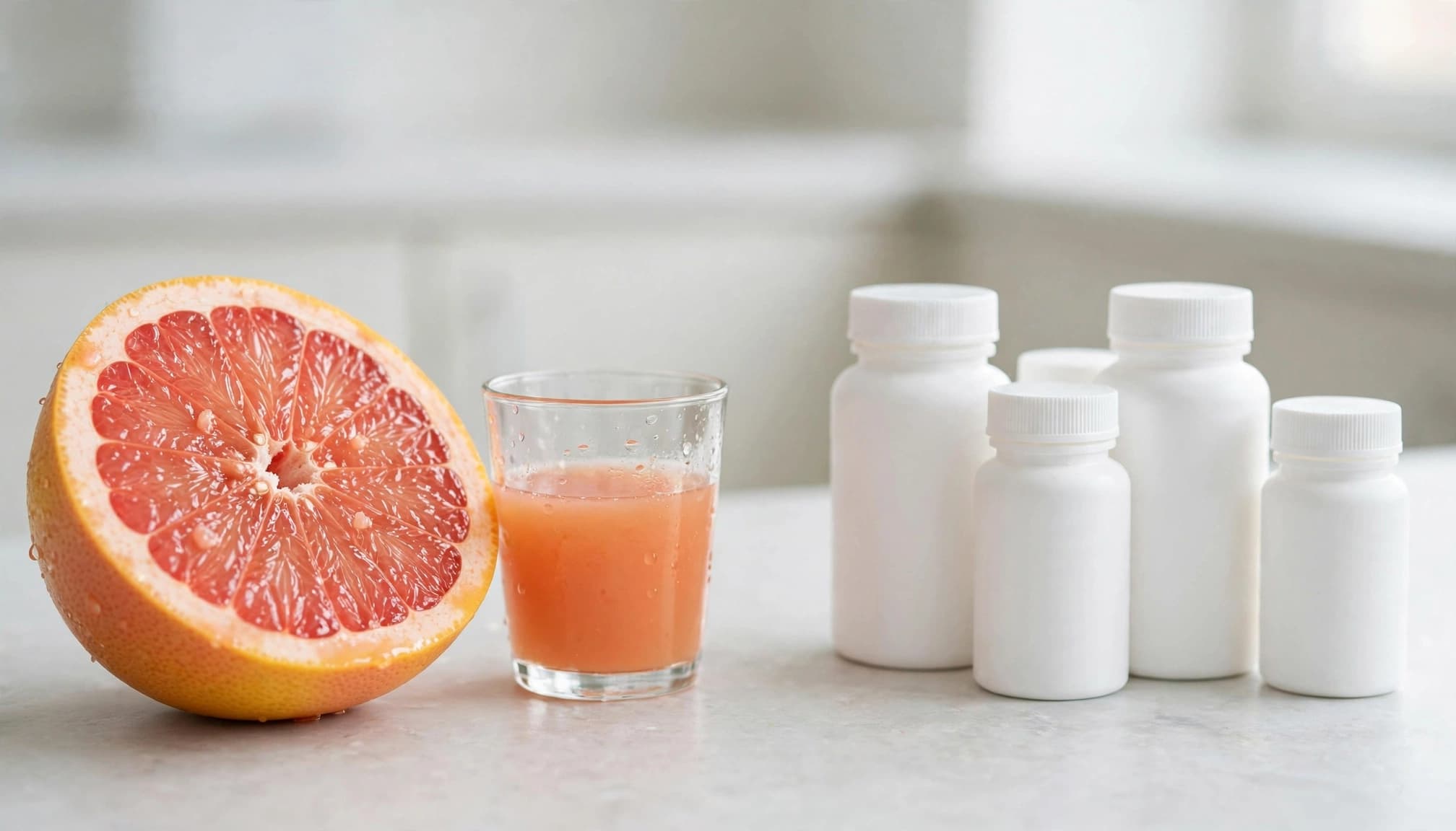 A cut grapefruit, medicine bottles, and a small glass of juice on a bright counter.
