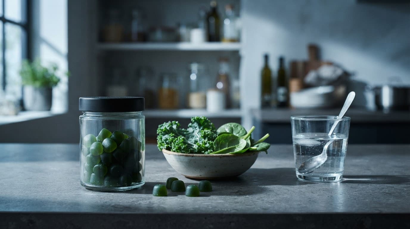 A jar of green gummies beside leafy greens and a glass of water.